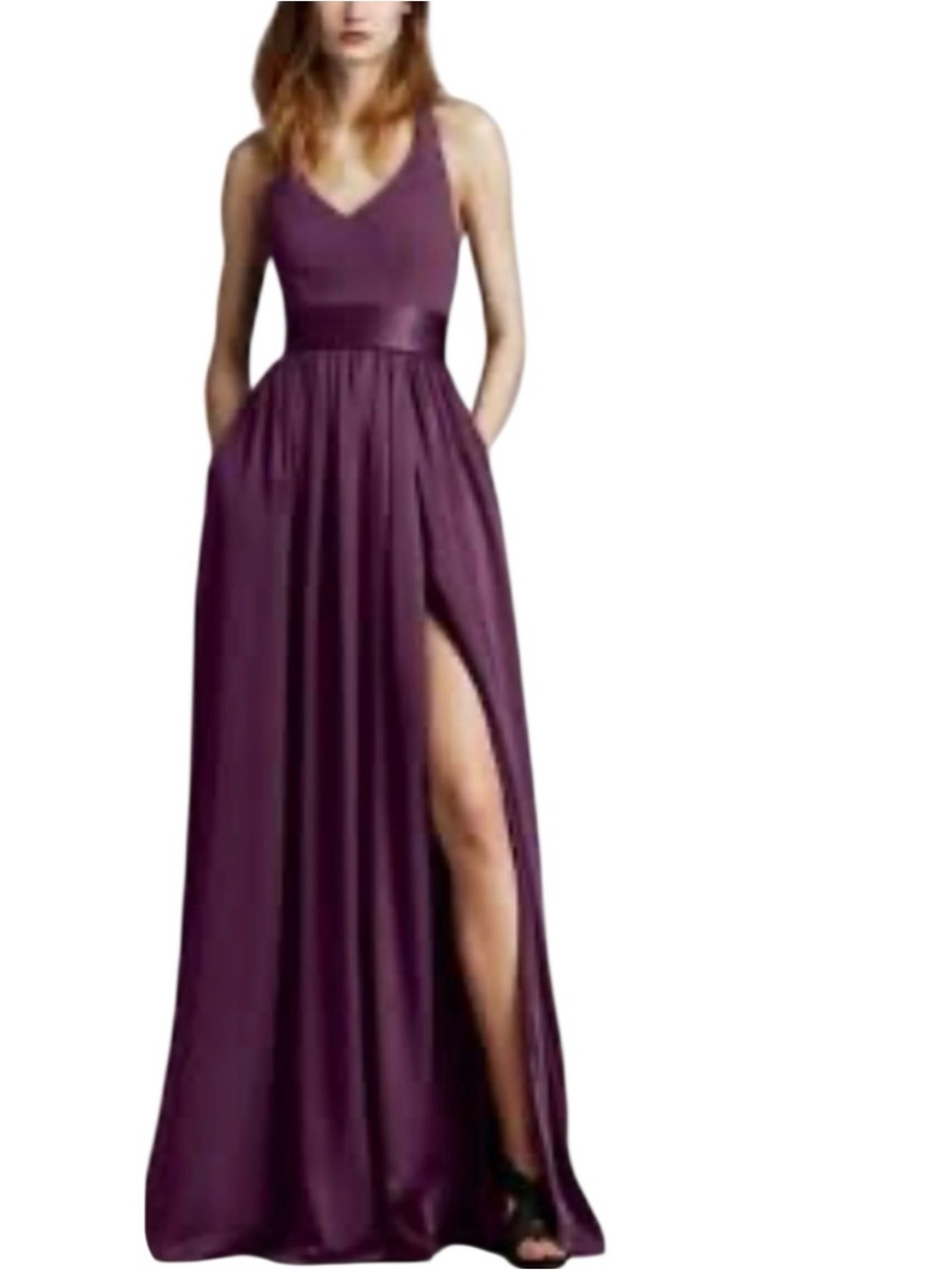 Wera Wang White Label Elegant Plum V-Neck Maxi Dress with Side Slit Size 2 XS
